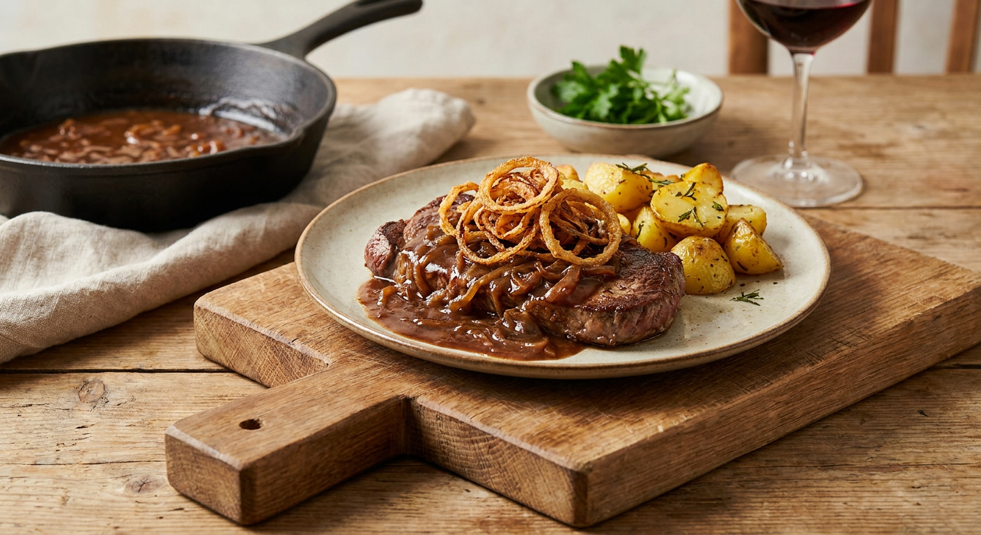 Klassischer österreichischer Zwiebelrostbraten mit knusprigen Röstzwiebeln