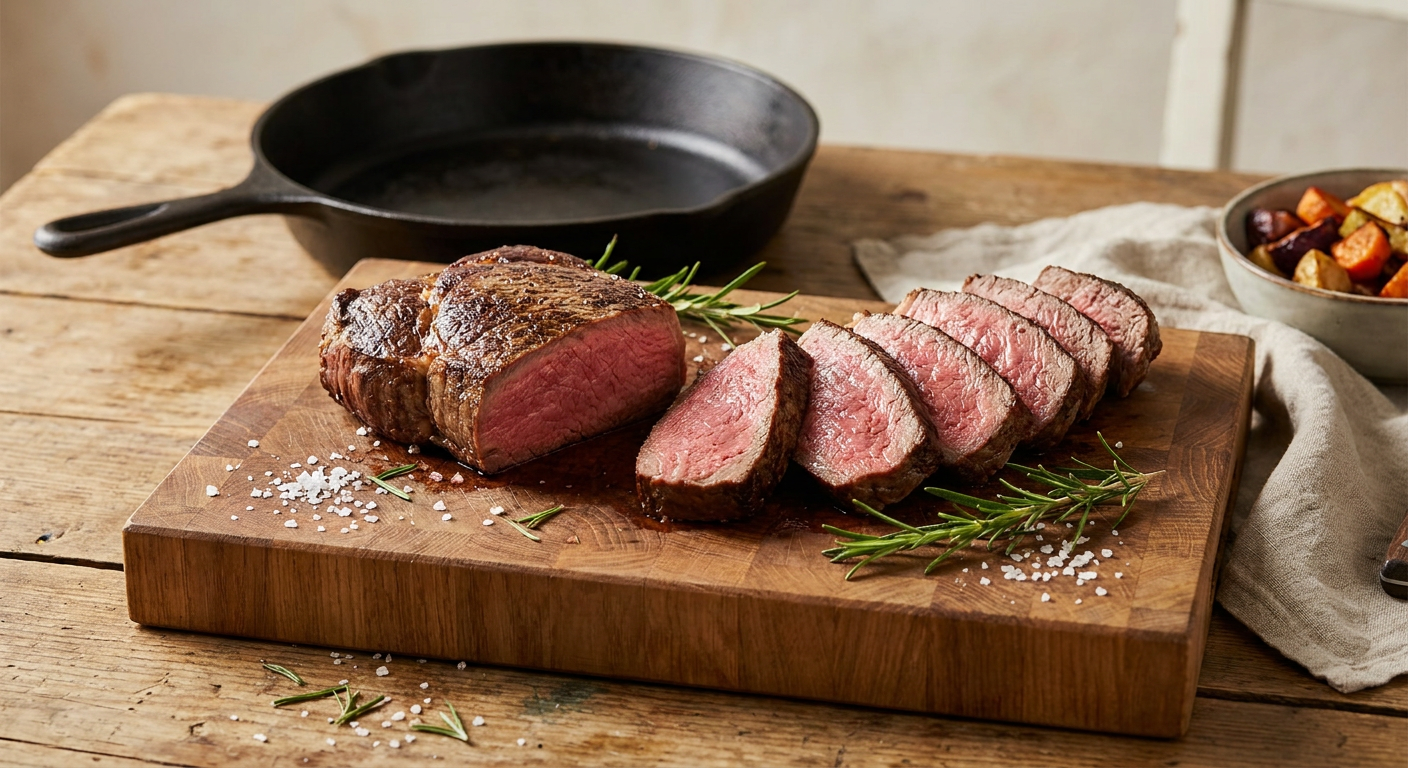 Perfekt zubereitetes Beiried Steak auf Holzbrett
