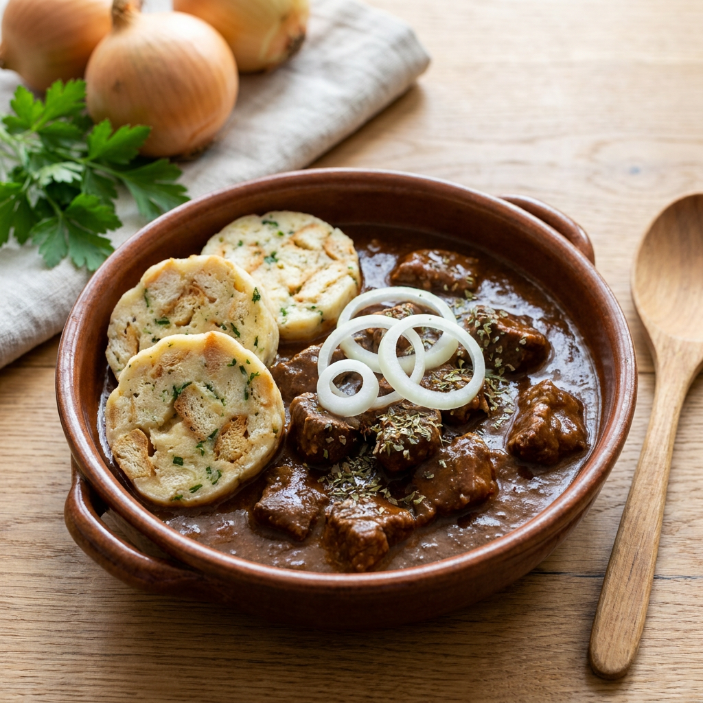 Wiener Saftgulasch mit dunklem Rindfleisch und hausgemachten Knödeln