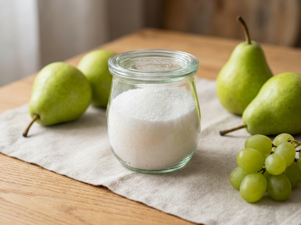 Feine weiße Erythrit Kristalle im Glas für die bewusste Küche
