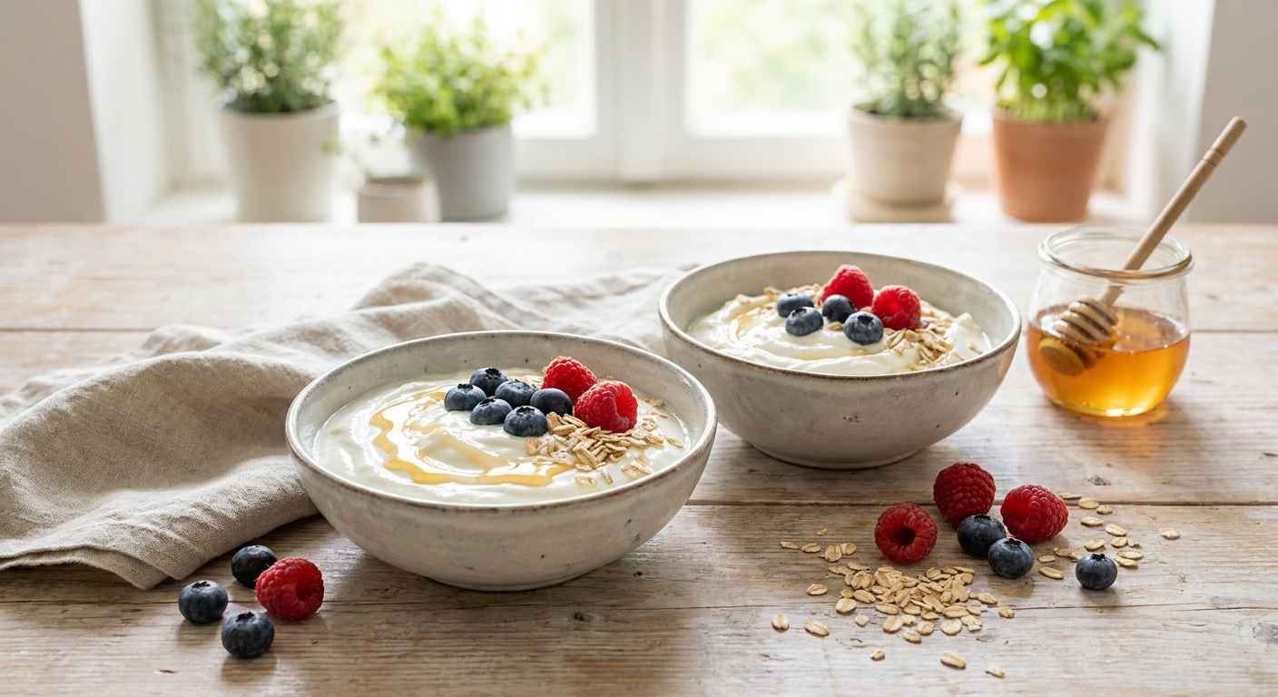 Vergleich von Skyr und Magertopfen auf einem Frühstückstisch mit Beeren und Haferflocken