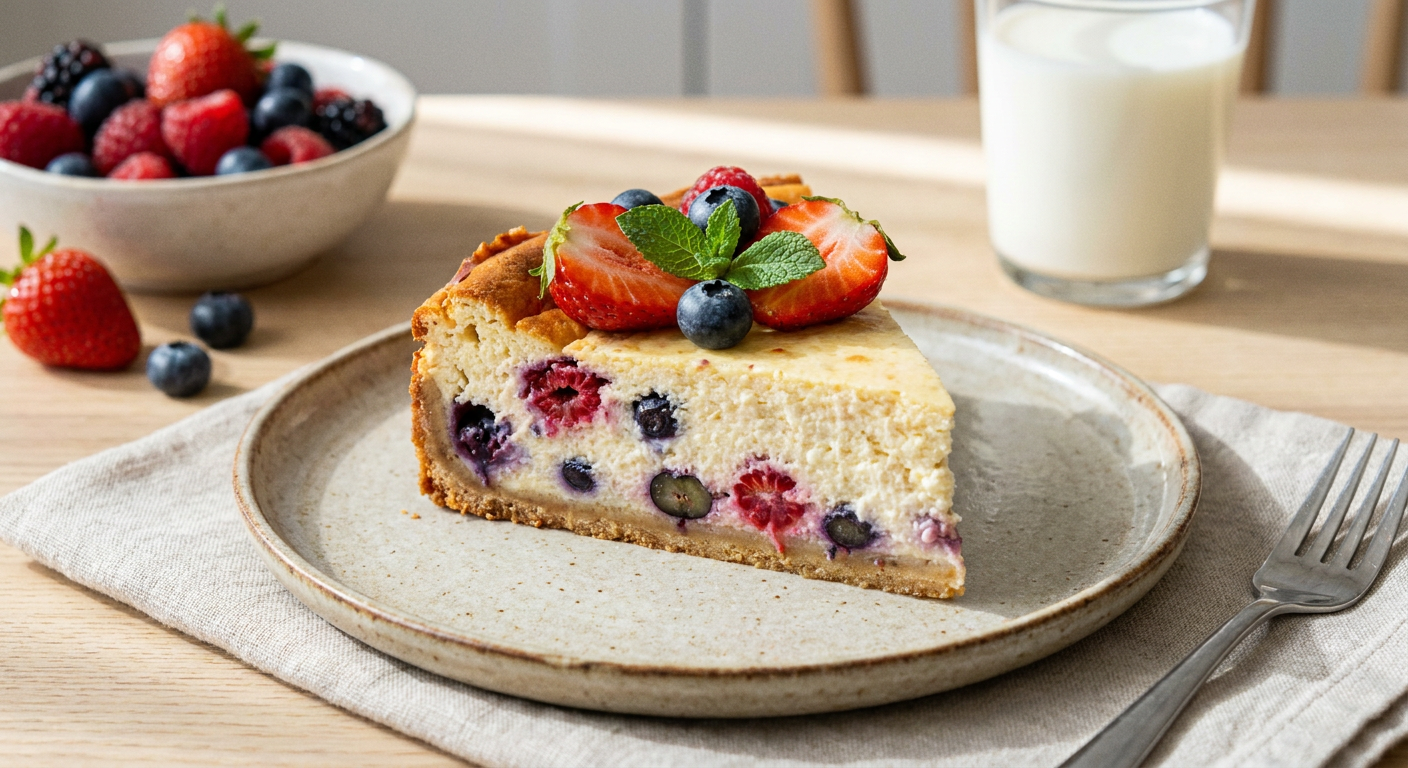 Saftiger Protein Cheesecake gebacken mit Topfen und frischen Beeren