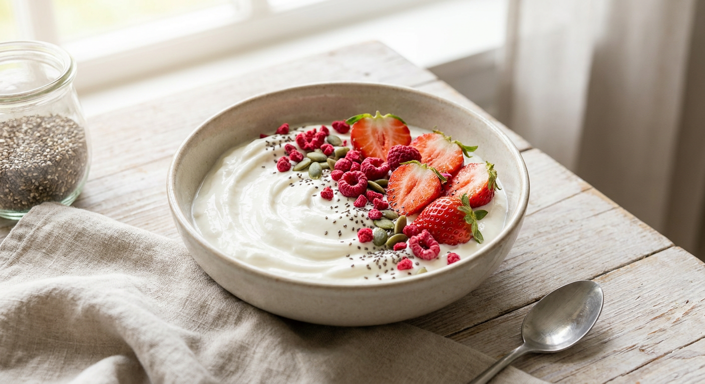 Cremiger isländischer Skyr in einer Schale mit frischen Erdbeeren und Kernen