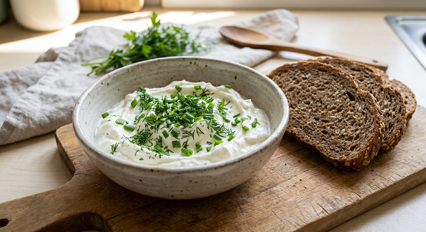 Würziger Kräuter-Dip aus Skyr mit frischem Schnittlauch und Vollkornbrot