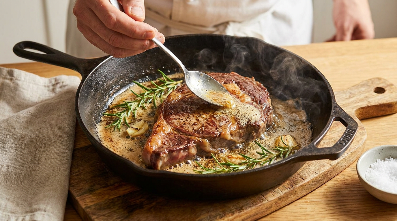 Arrosieren des Steaks mit schäumender Kräuterbutter und Rosmarin