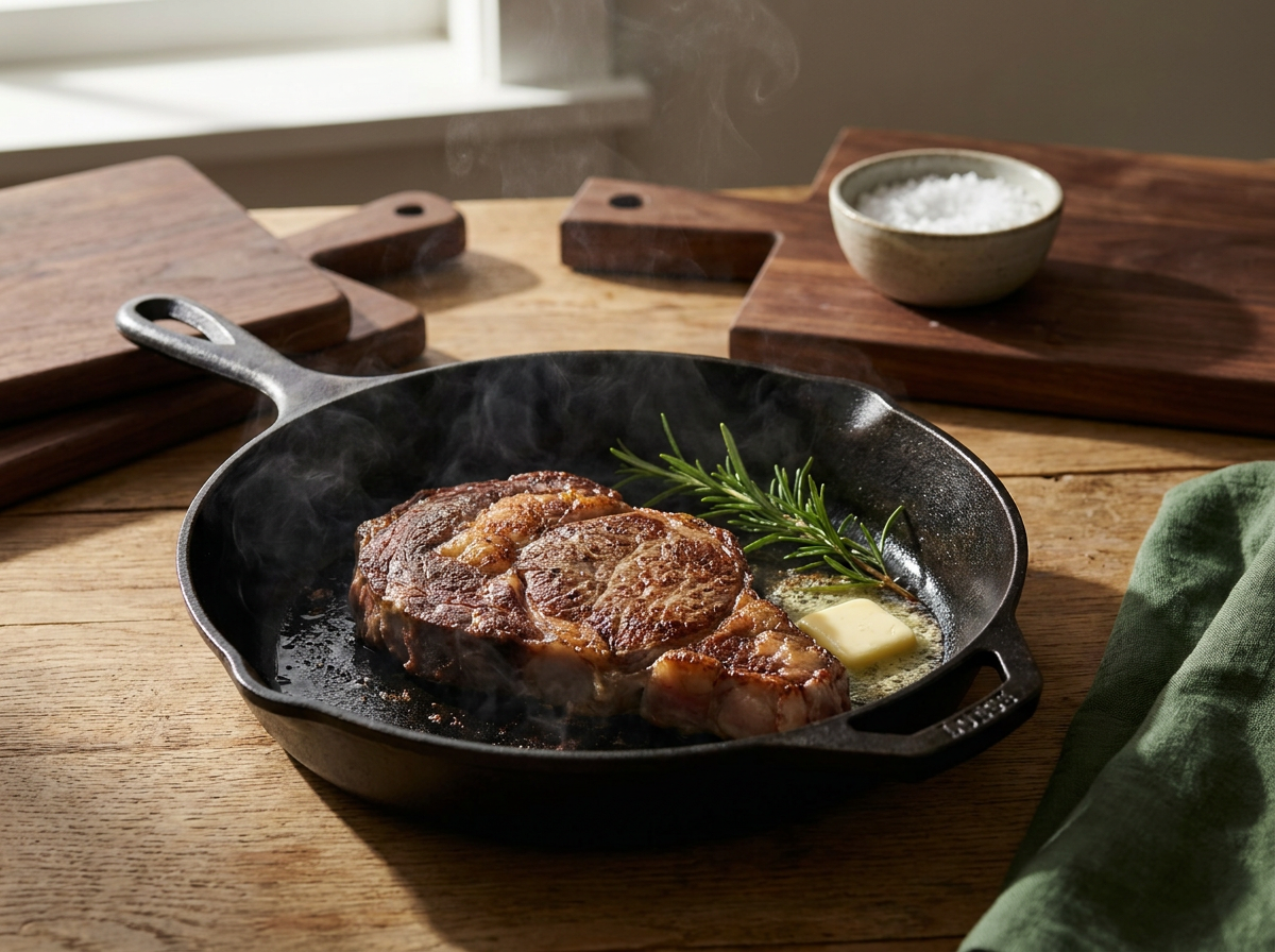Perfekt gebratenes Rumpsteak in Scheiben geschnitten mit Kräuterbutter