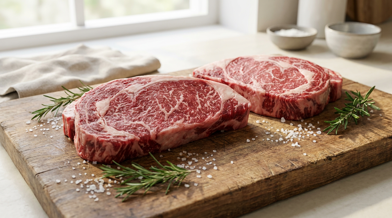 Übersicht verschiedener Rindfleisch Zuschnitte wie Beiried, Ribeye und Filet