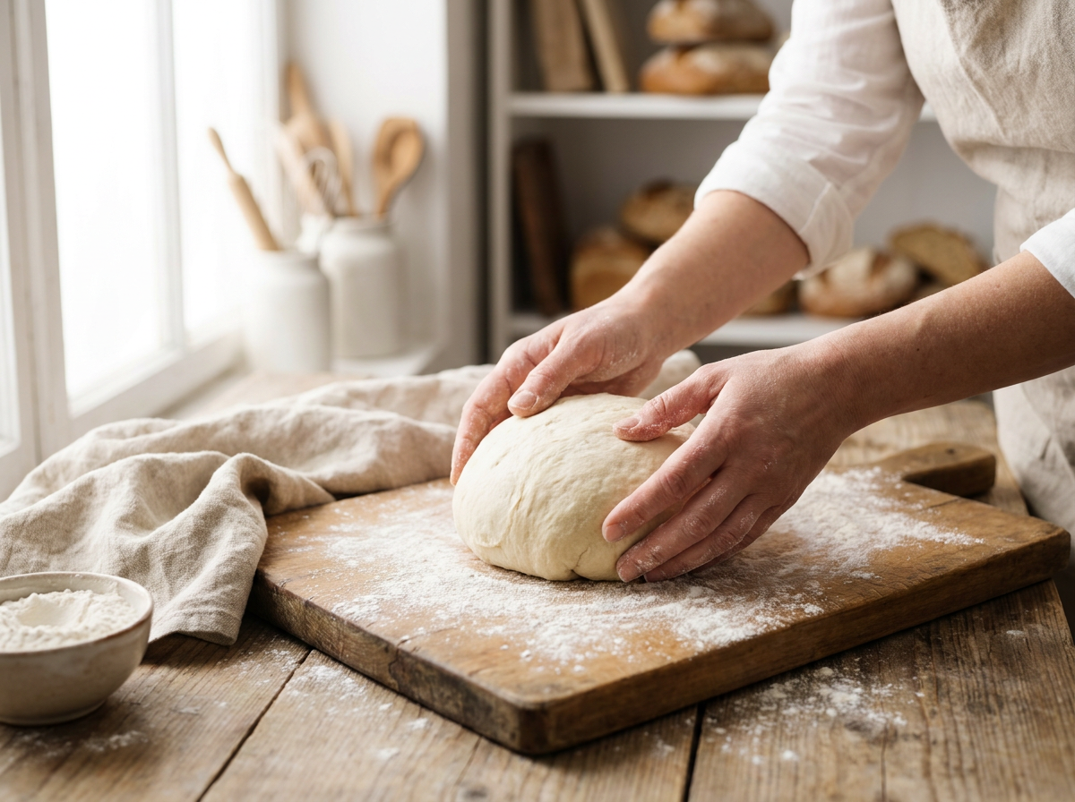 Geschmeidiger Brotteig wird auf bemehltem Holzbrett für das Backen vorbereitet