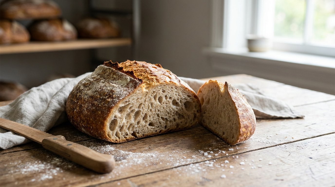 Frisch gebackenes Brot mit goldbrauner Kruste und zarter Porung auf einem rustikalen Holztisch