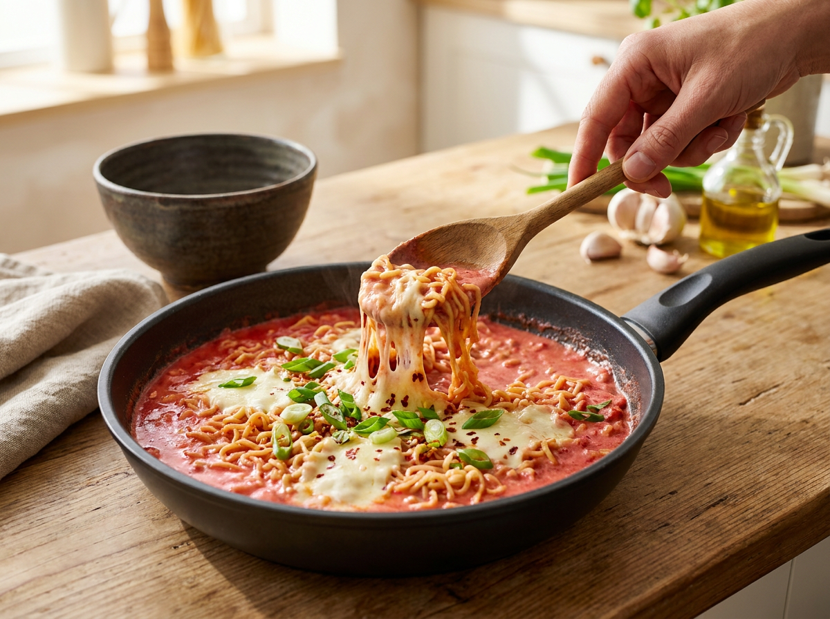 Zubereitung von cremigen Buldak Nudeln in der Pfanne mit Obers und Käse