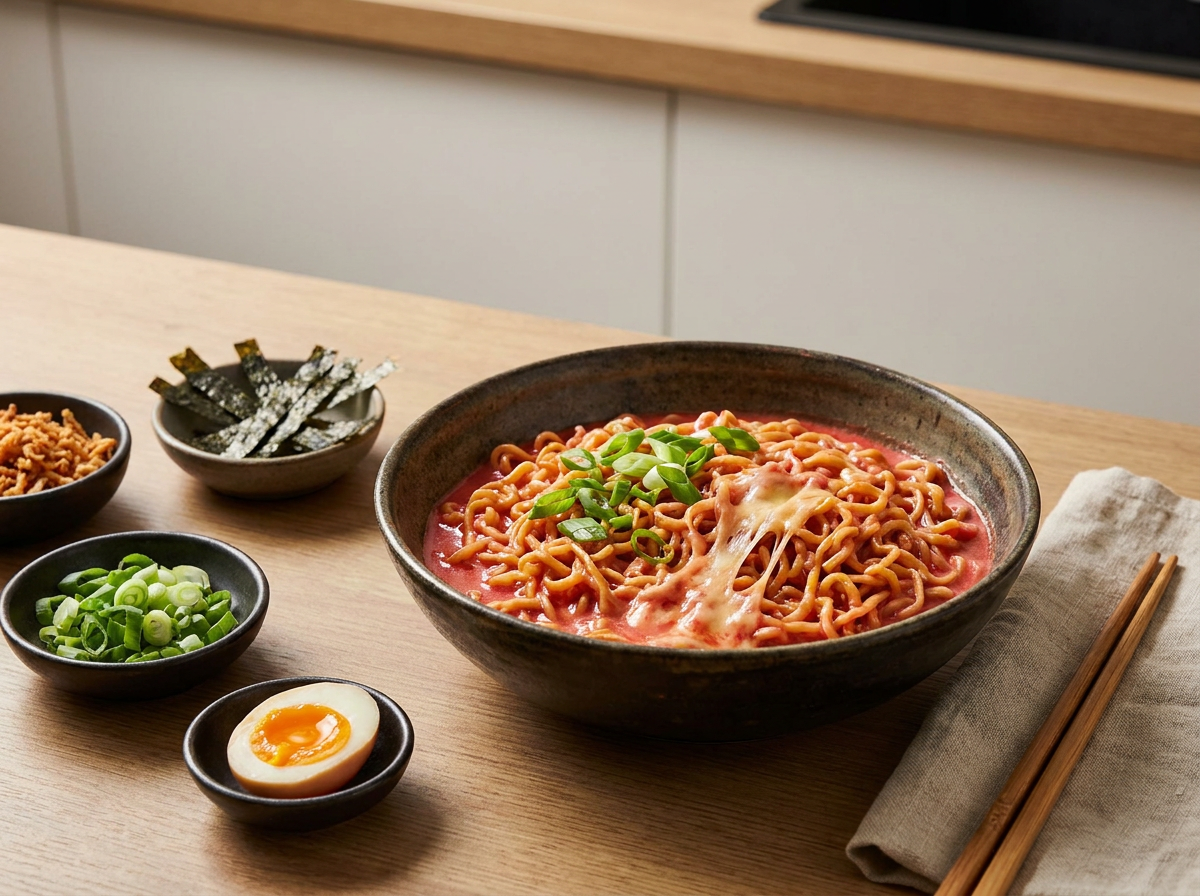 Knackige Toppings für Ramen wie frische Kräuter, Nori-Algen und Röstzwiebeln