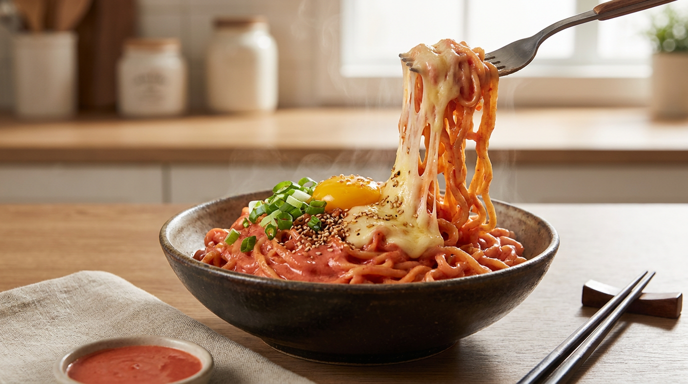 Cremige Buldak Carbonara Nudeln mit Mozzarella und Toppings serviert in einer stilvollen Schale