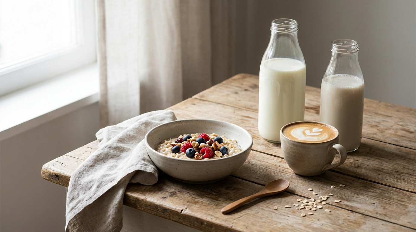 Frisches Sonntagsfrühstück mit Milch, Kaffee und Gebäck in Wien