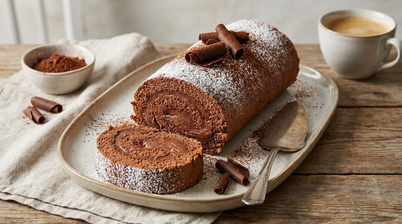 Frisch aufgeschnittene Schokorulade mit Pariser Creme auf einer Servierplatte
