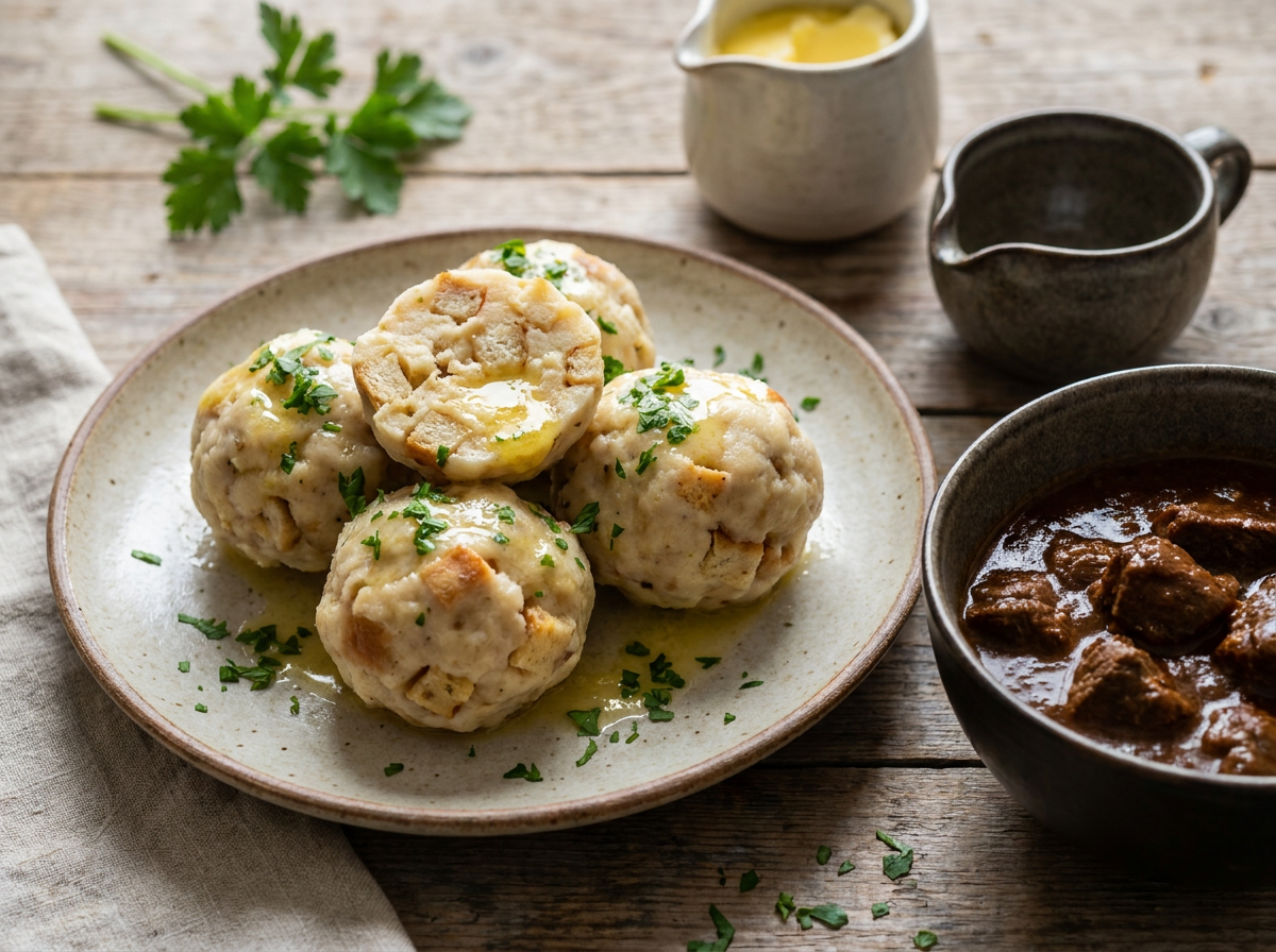 Flaumiger österreichischer Semmelknödel mit Petersilie serviert zu herzhaftem Rindsgulasch
