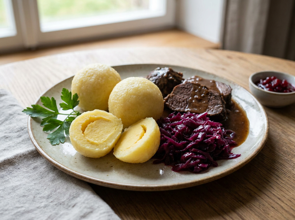 Traditioneller samtiger Erdäpfelknödel aufgeschnitten neben knusprigem Braten und Rotkraut