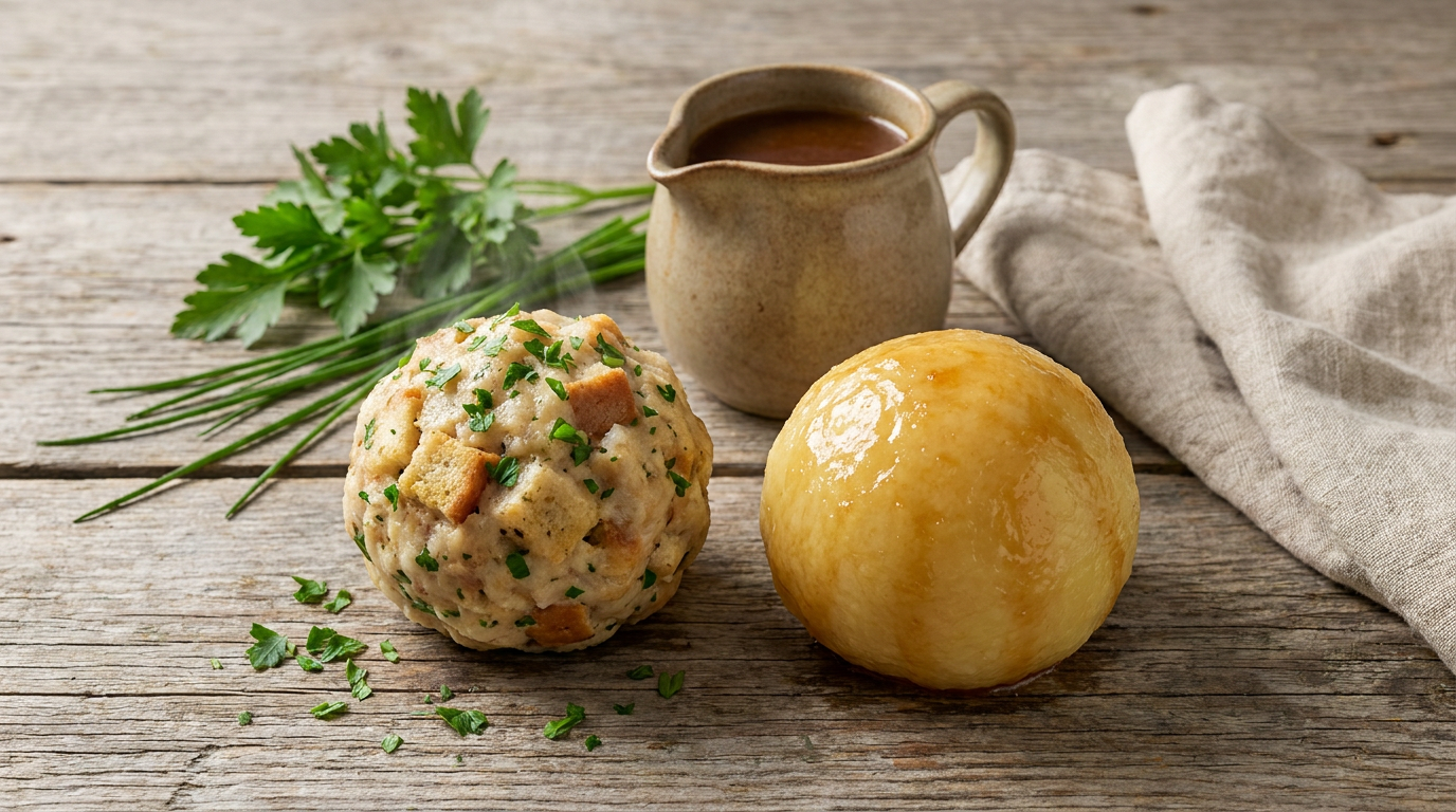 Vergleich von Semmelknödel und Erdäpfelknödel auf rustikalem Holztisch mit feinem Bratensaft