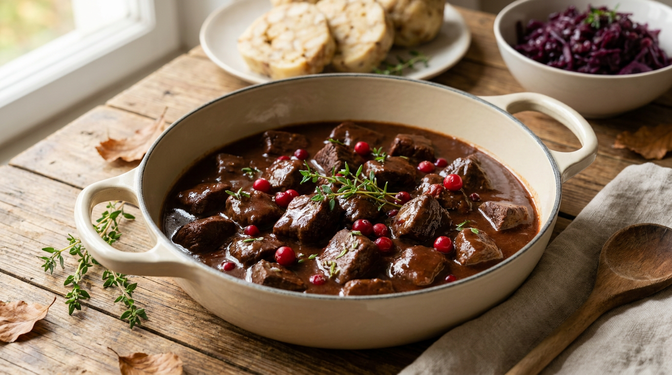 Frisch zubereitetes Rehragout in einer Gusseisenpfanne serviert mit Semmelknödeln und Preiselbeeren