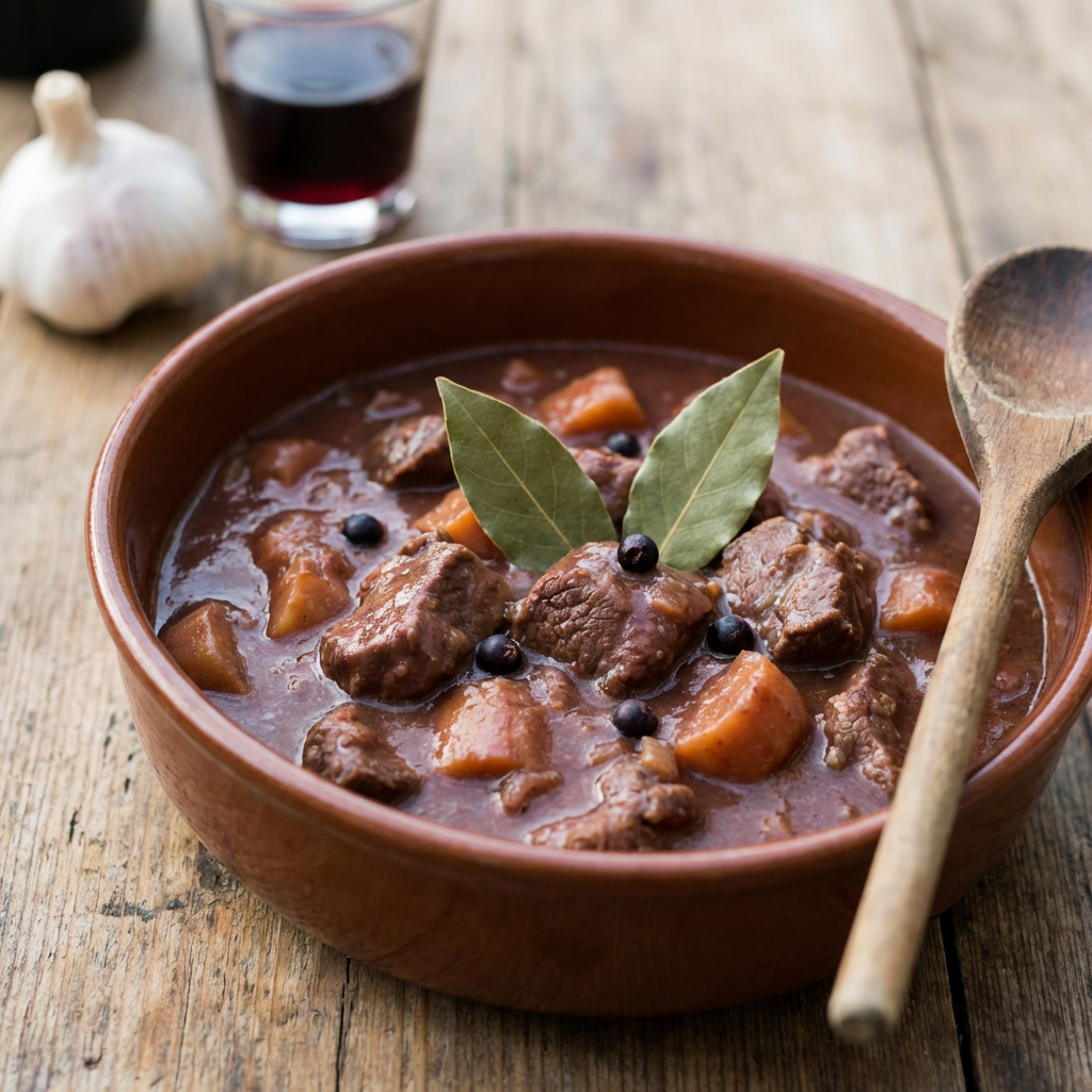 Kräftiger Rotwein wird in den Schmortopf zum Rehragout gegossen