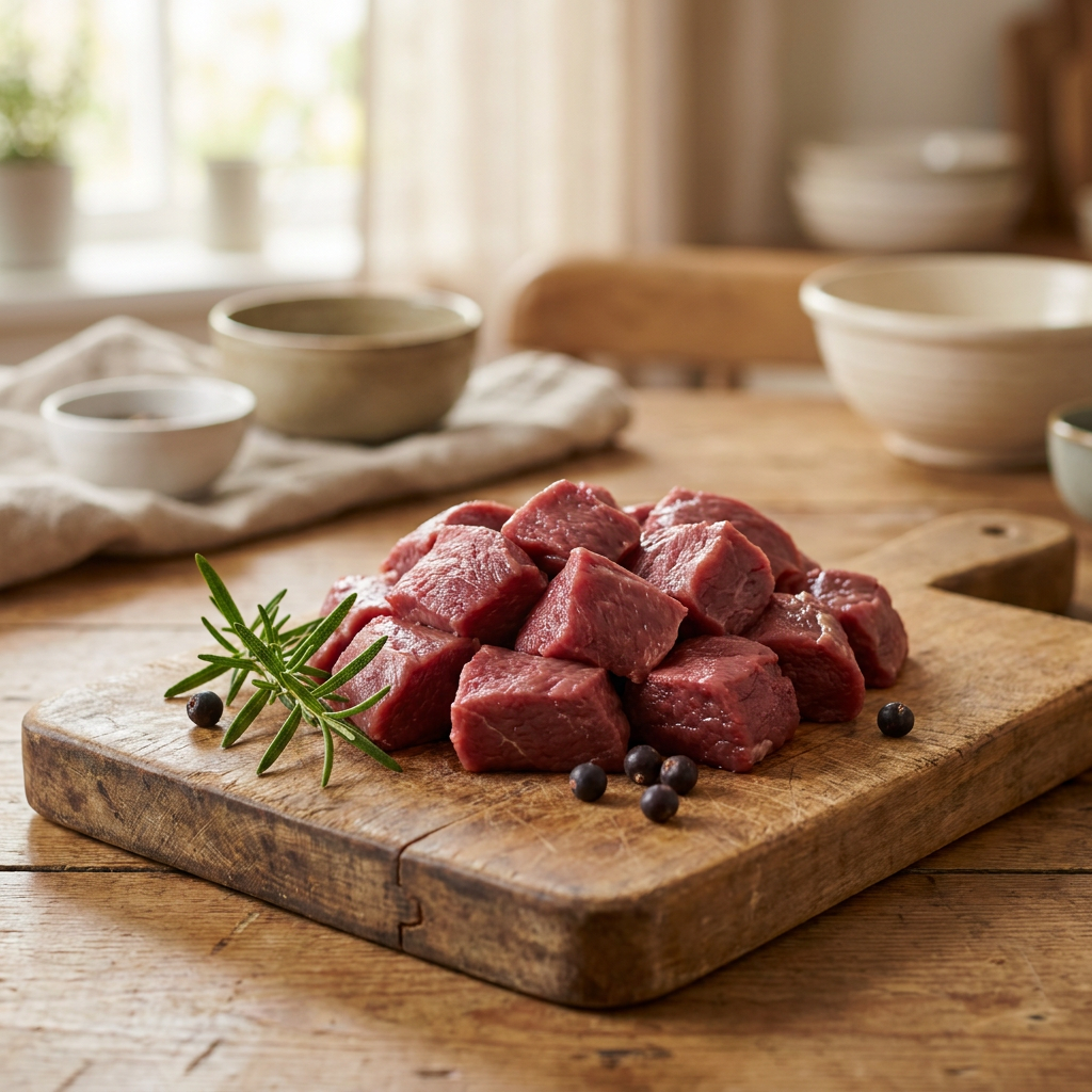 Frisches, perfekt gewürfeltes Rehfleisch auf einem Schneidebrett mit Wacholderbeeren und Kräutern