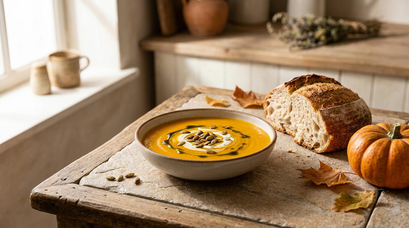 Dampfende steirische Kürbiscremesuppe mit Kürbiskernöl und gerösteten Kürbiskernen in rustikaler Schale