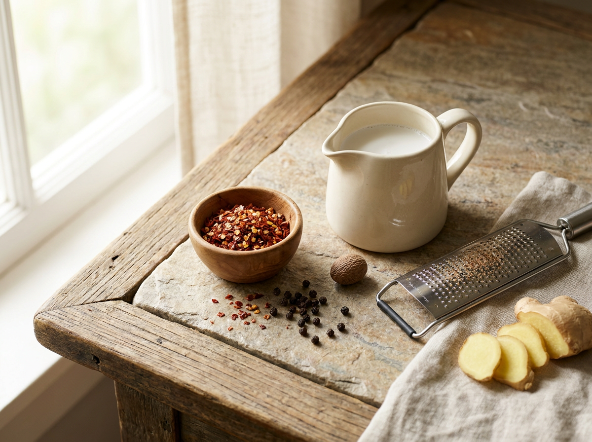 Aromatische Gewürze für Kürbissuppe: ganze Muskatnuss, frischer Ingwer, Pfefferkörner und Chiliflocken