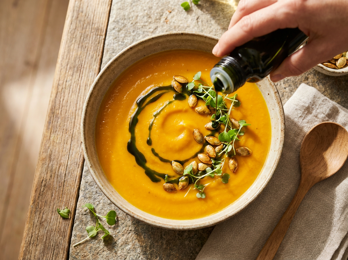 Garnieren der samtigen Kürbiscremesuppe mit dunkelgrünem steirischem Kürbiskernöl und gerösteten Kernen