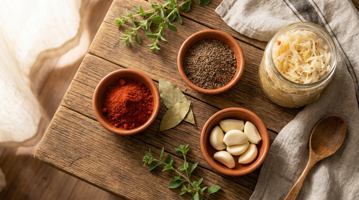 Aromatische Gulaschgewürze: Edelsüßes Paprikapulver, Majoran, Kümmel und Knoblauch