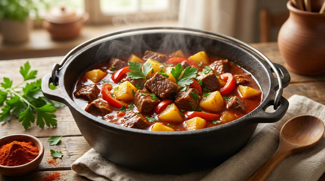 Traditionelles Wiener Saftgulasch serviert im rustikalen Schmortopf