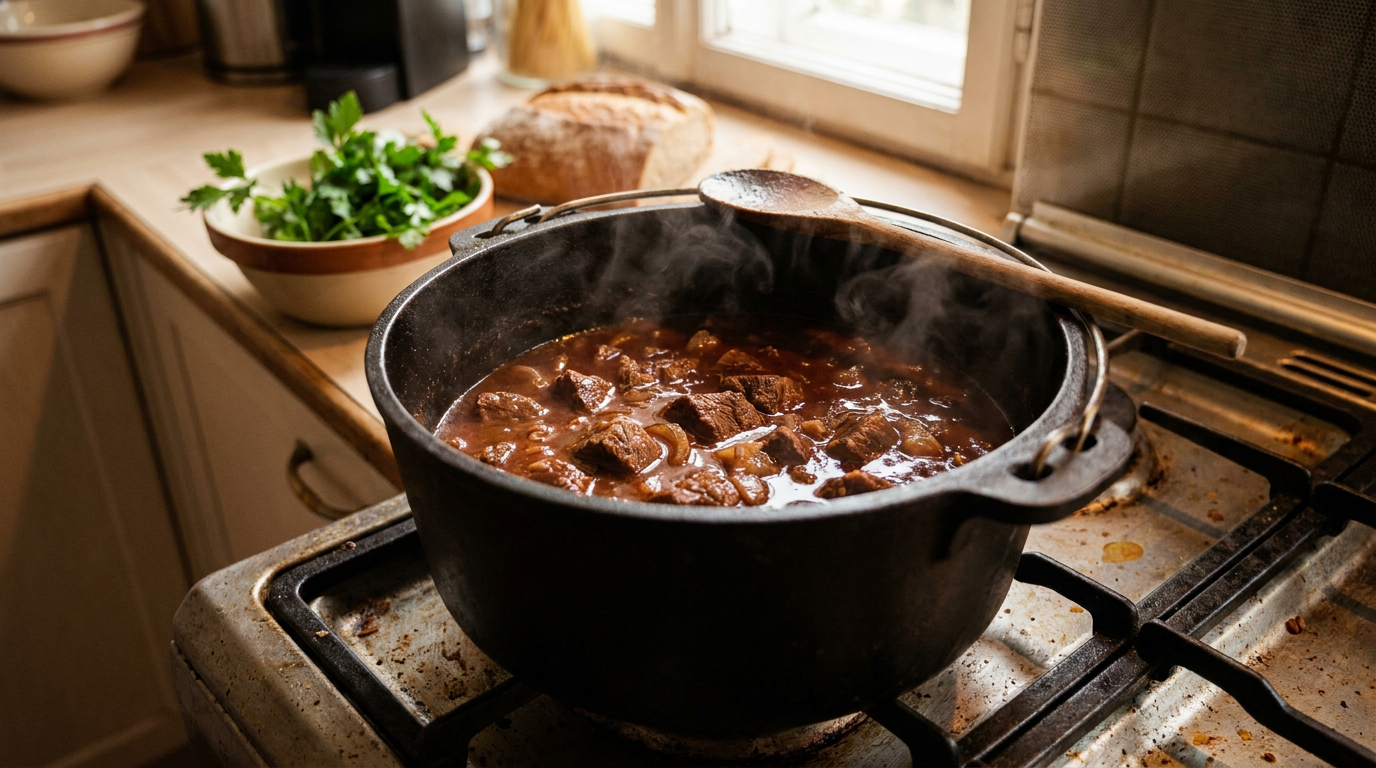Sanft simmerndes Saftgulasch im schweren gusseisernen Bräter