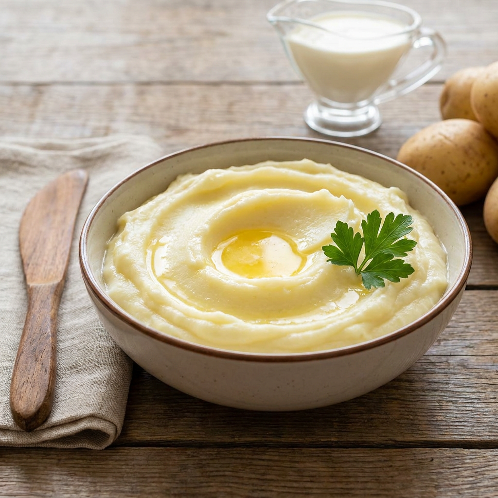 Samtig weiches Erdäpfelpüree mit geschmolzener Butter und frischem Schnittlauch
