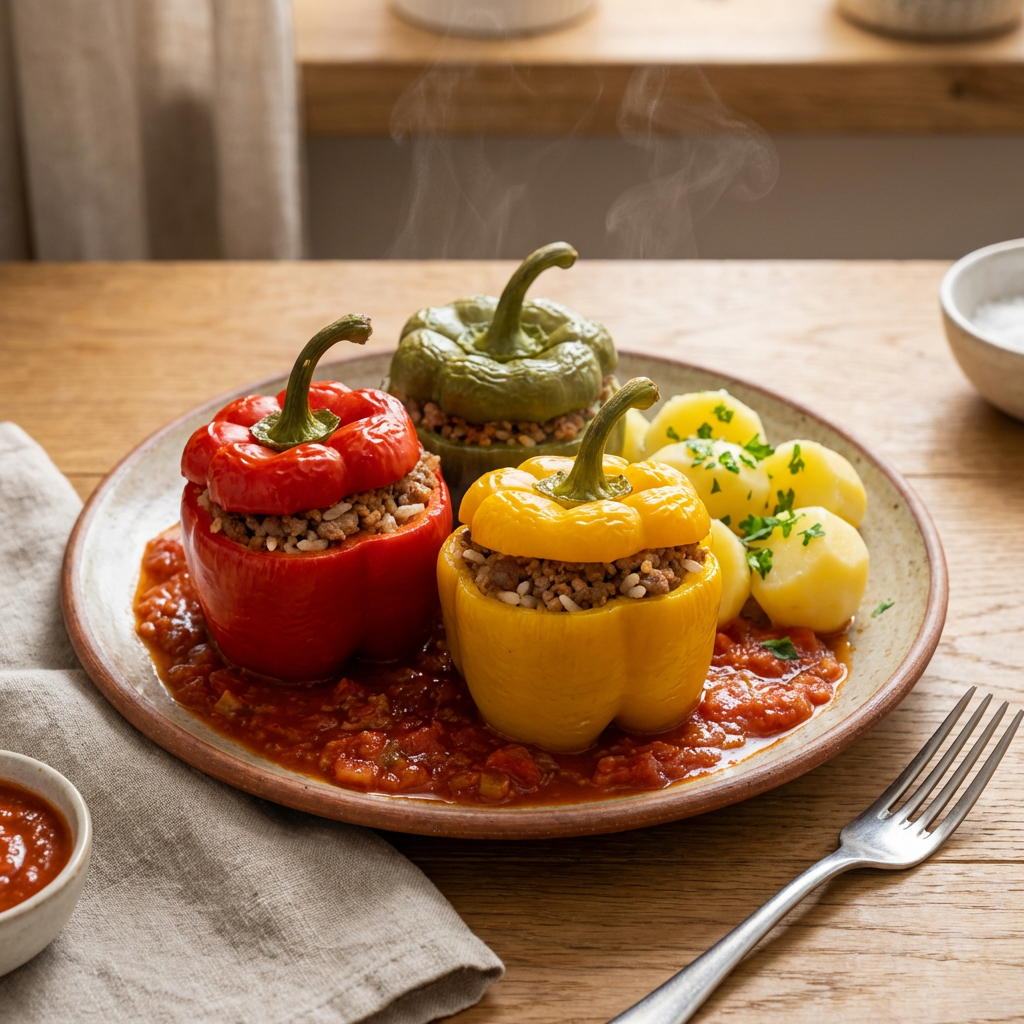 Klassische gefüllte Paprika in fruchtiger Paradeisersauce serviert mit frischer Petersilie