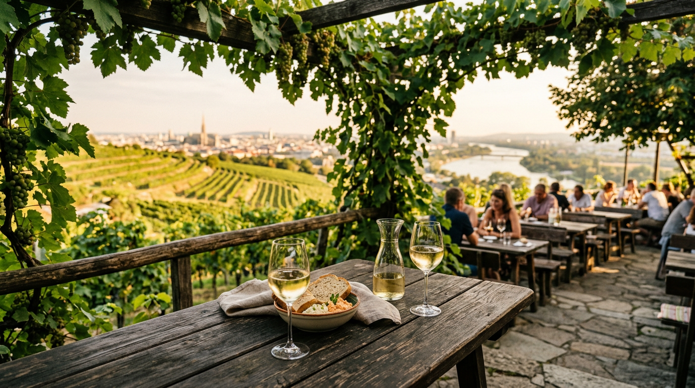 Heuriger Terrasse am Wiener Nussberg mit Blick über Weinberge und Wien