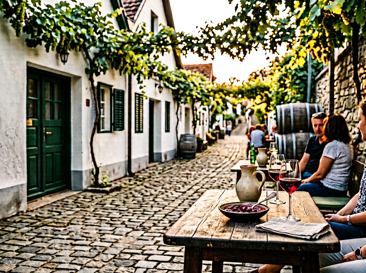 Malerische historische Kellergasse in Wien Stammersdorf mit alten Weinkellern