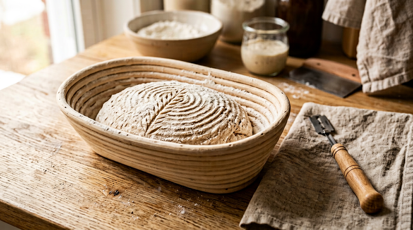 Sauerteiglaib im Gärkorb vor dem Backen im Steinofen