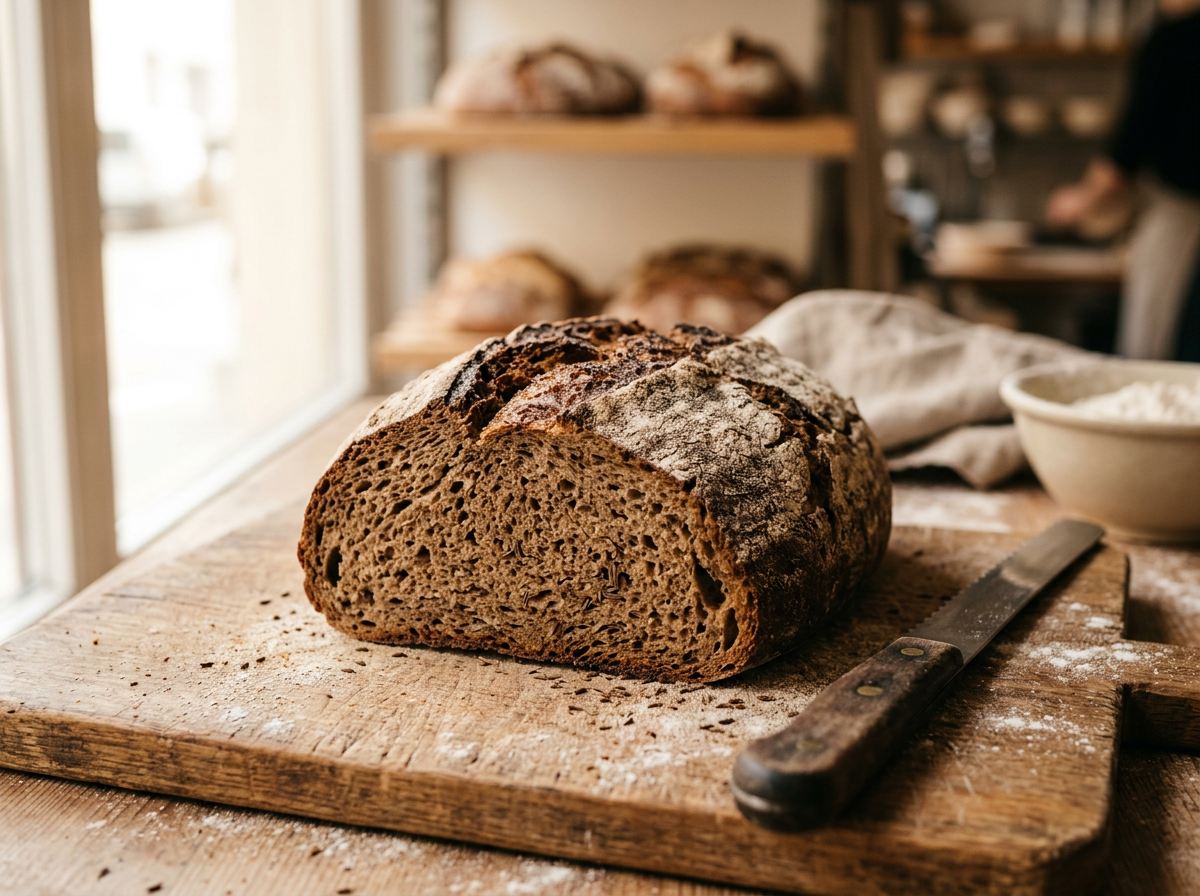 Frisch aufgeschnittenes dunkles Wiener Bauernbrot mit saftiger Krume und kräftiger Kruste
