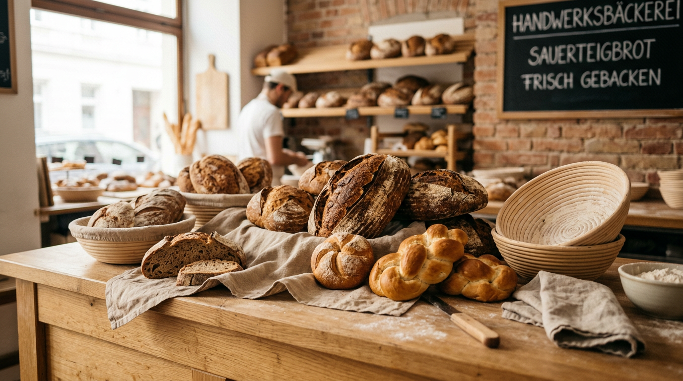 Ofenfrische handwerkliche Sauerteigbrote und Wiener Gebäck in einer traditionellen Bäckerei