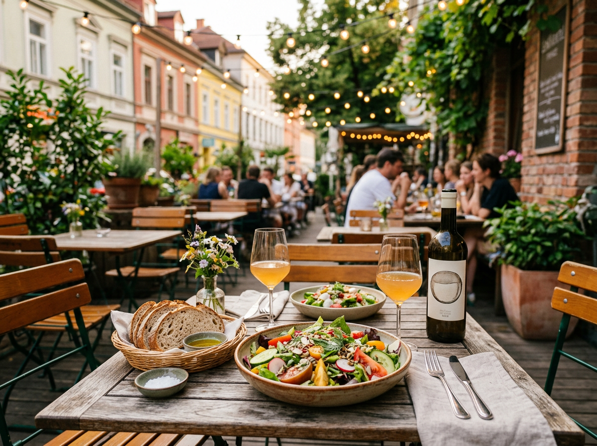 Moderner Schanigarten im Grazer Lendviertel mit bunten Gerichten, Wein und Lichterketten