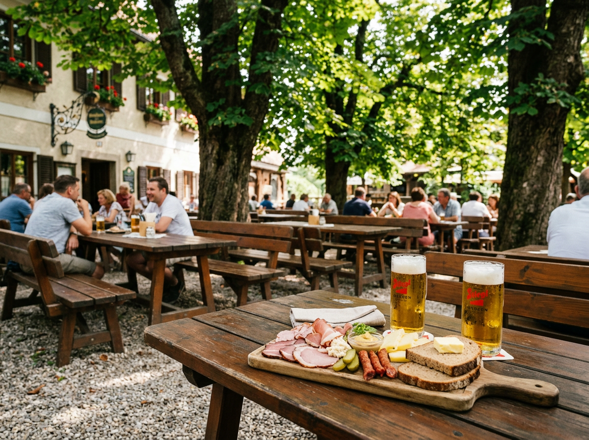 Traditioneller österreichischer Gastgarten mit Kiesboden, Kastanienbäumen, Holzbänken und Jause