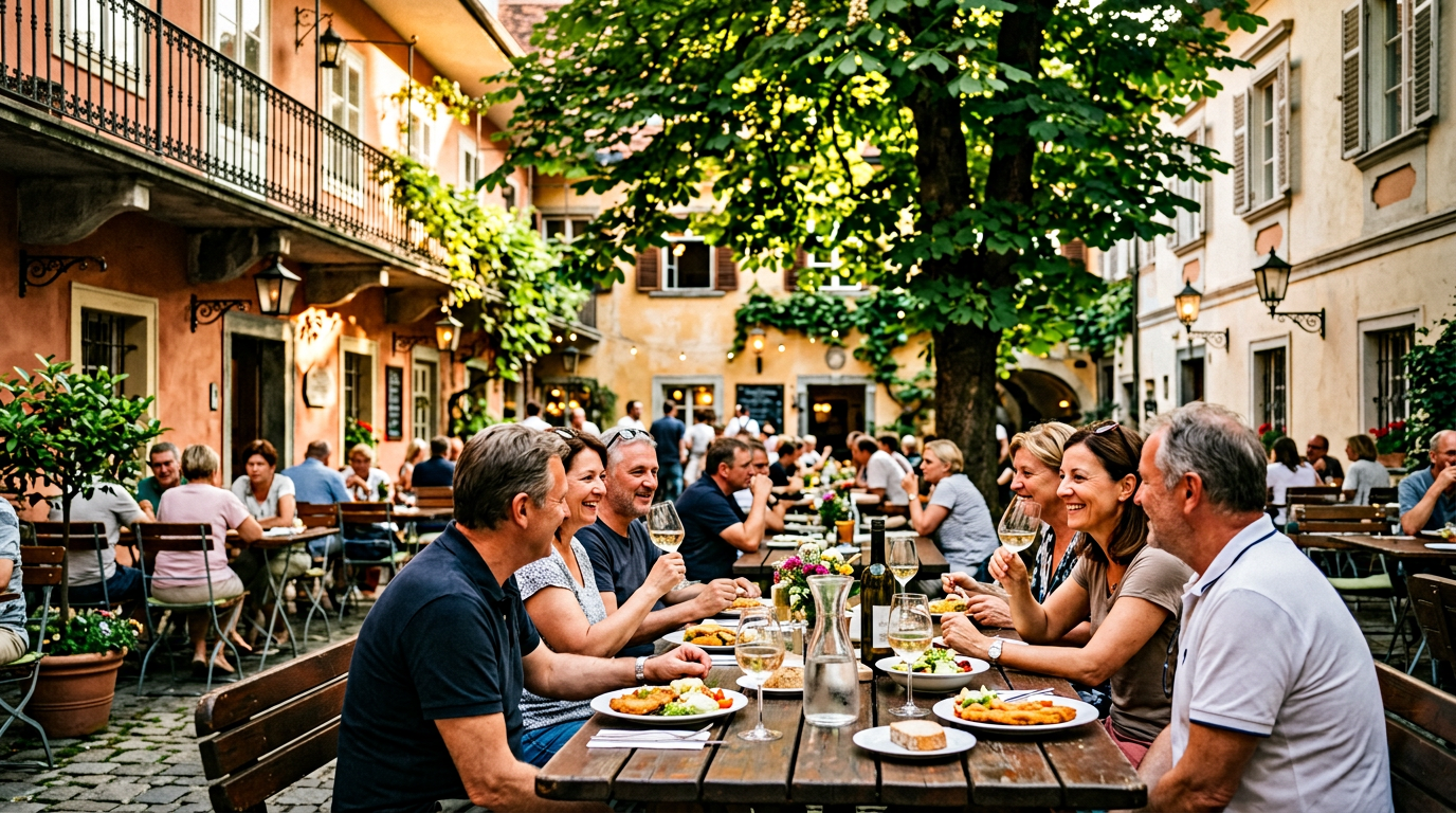 Stimmungsvoller Gastgarten in Graz mit Gästen unter schattigen Bäumen und historischer Kulisse