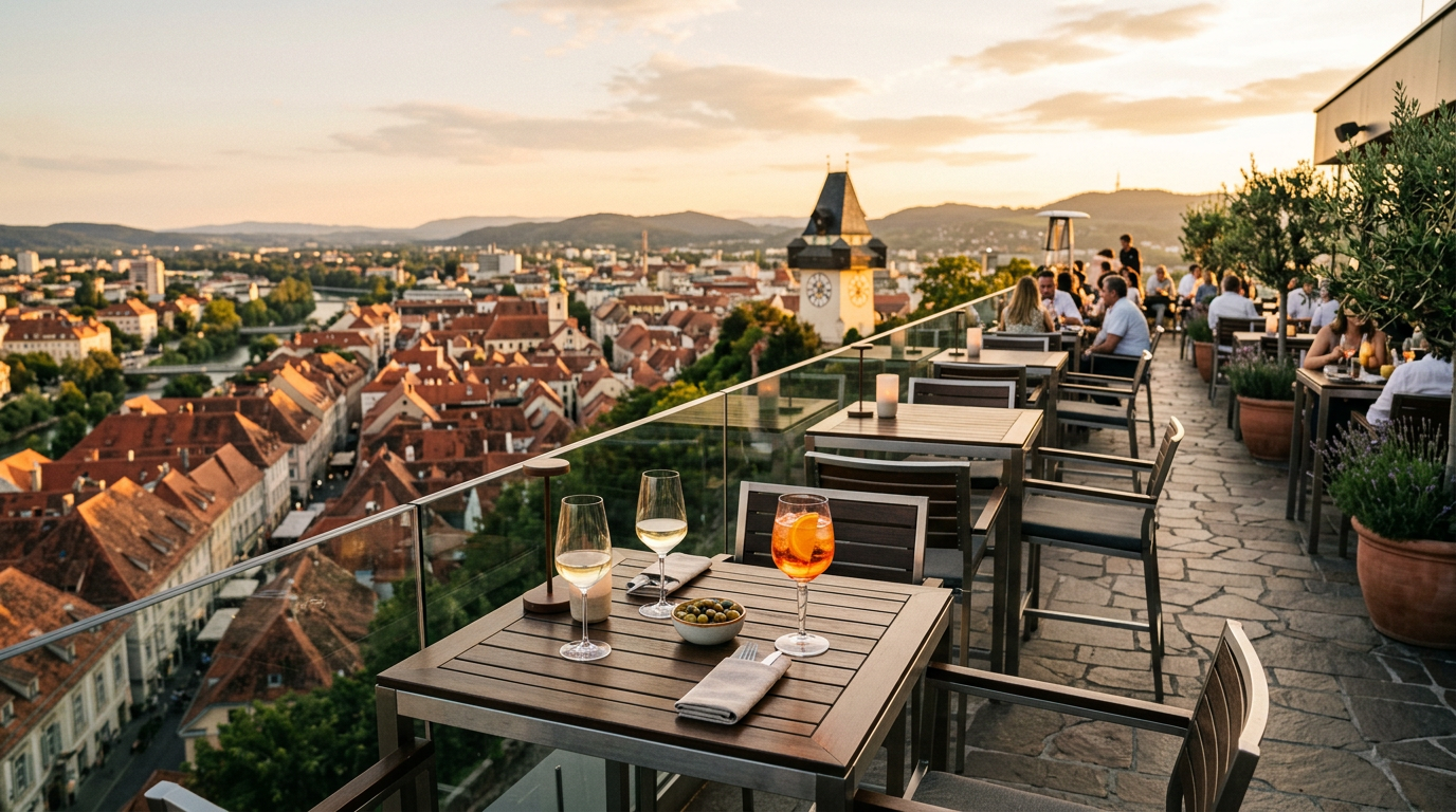Aussichtsterrasse auf dem Grazer Schlossberg bei Sonnenuntergang mit Blick über die Stadt
