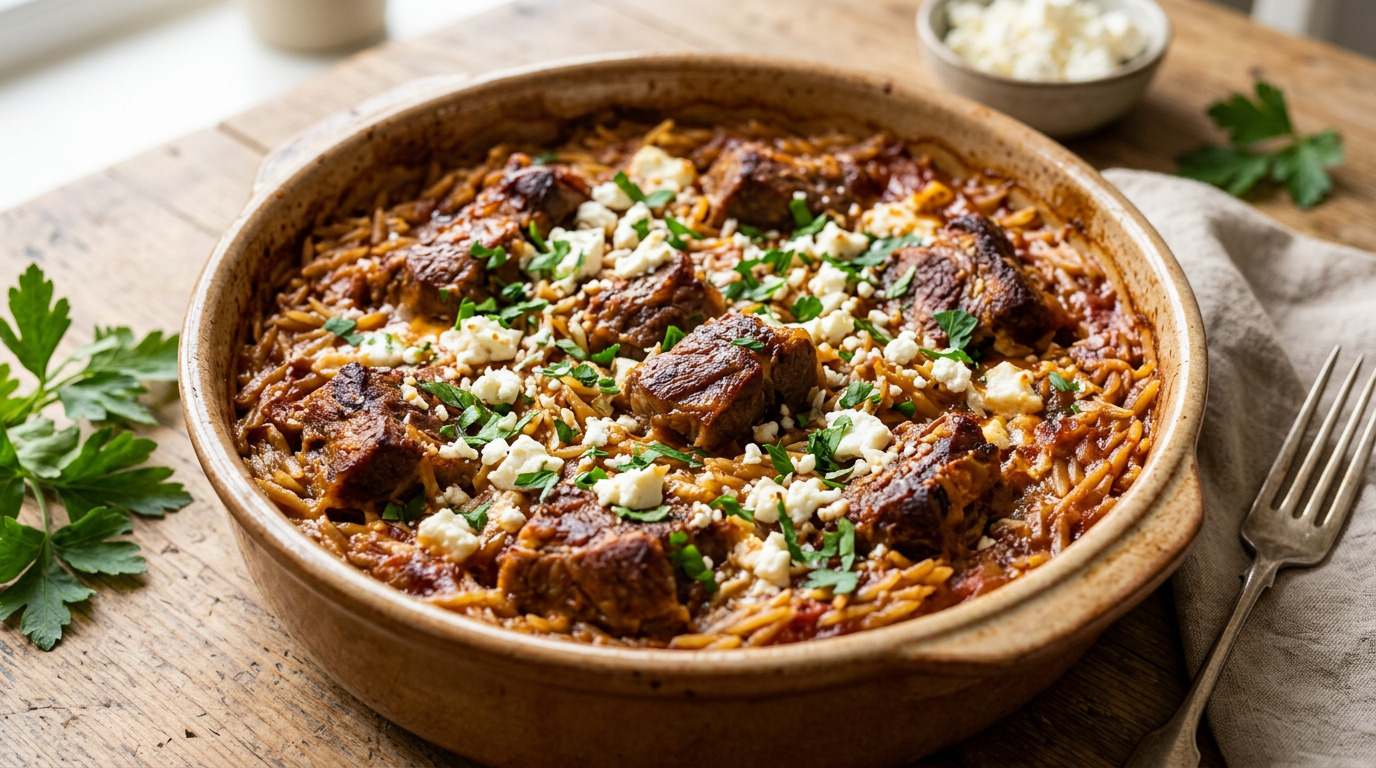 Griechisches Lamm Giouvetsi mit Kritharaki Nudeln und Feta im Bräter serviert