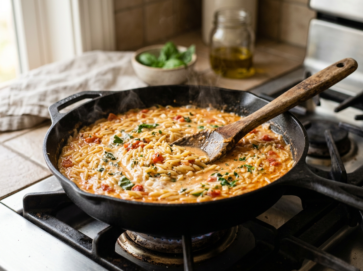 Cremiges Kritharotto mit Paradeisern und Knoblauch in einer gusseisernen Pfanne
