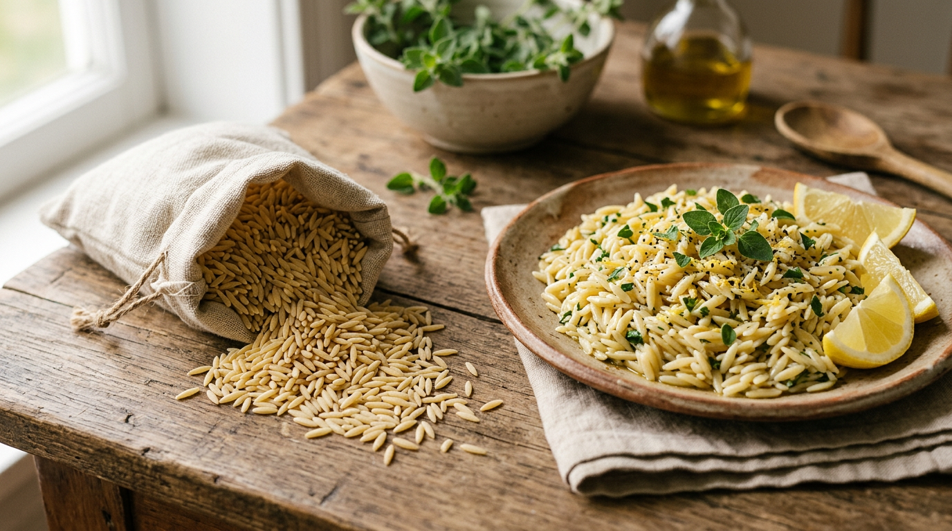 Reisförmige Kritharaki Teigwaren ungekocht und frisch zubereitet mit Kräutern und Olivenöl