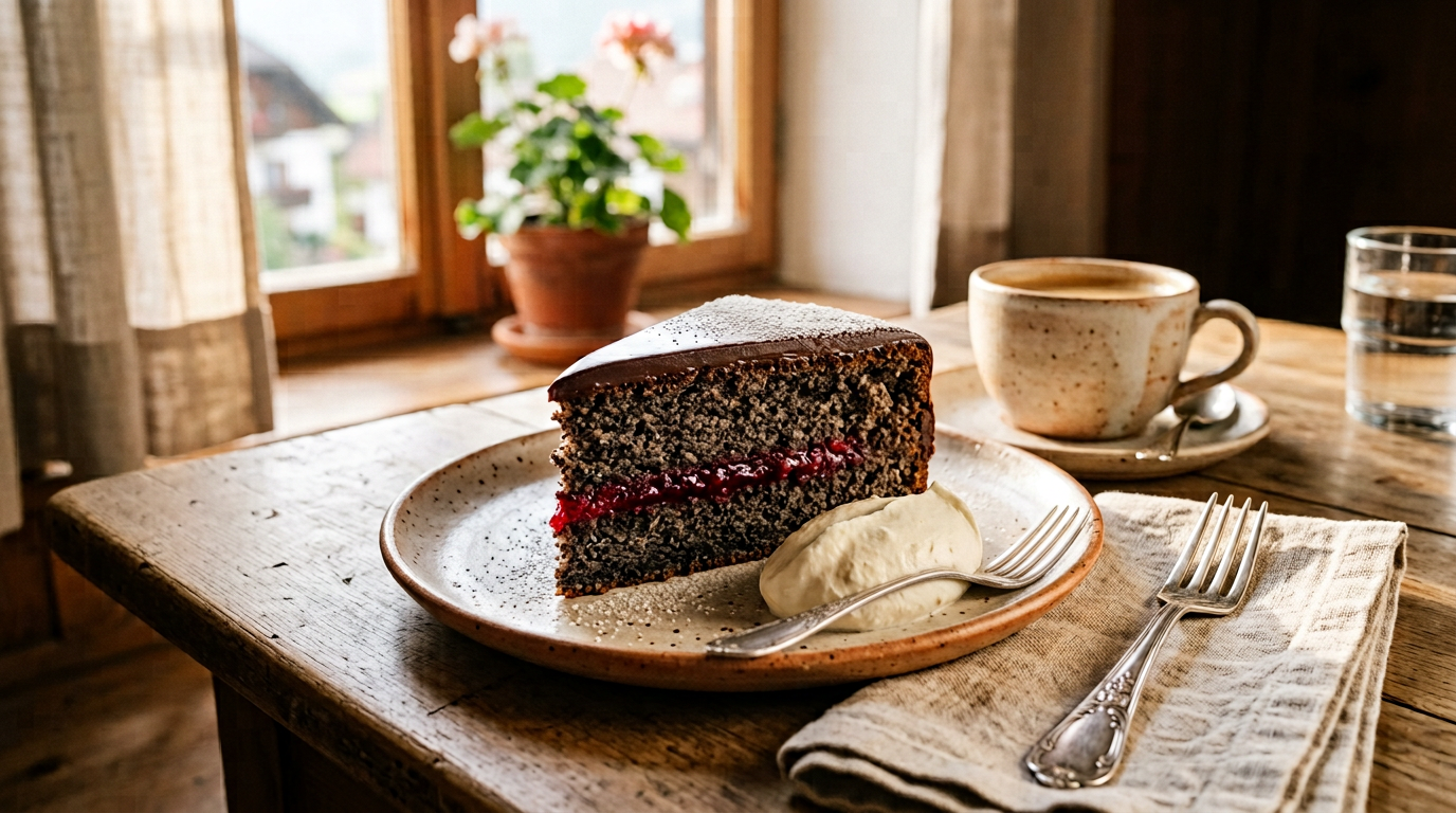Saftiges Stück österreichische Mohntorte mit Preiselbeeren und Schokoglasur auf einem eleganten Teller serviert