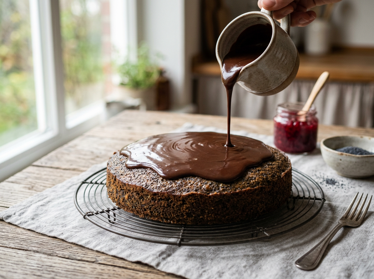 Warme, glänzende Schokoglasur wird gleichmäßig über die Mohntorte gegossen