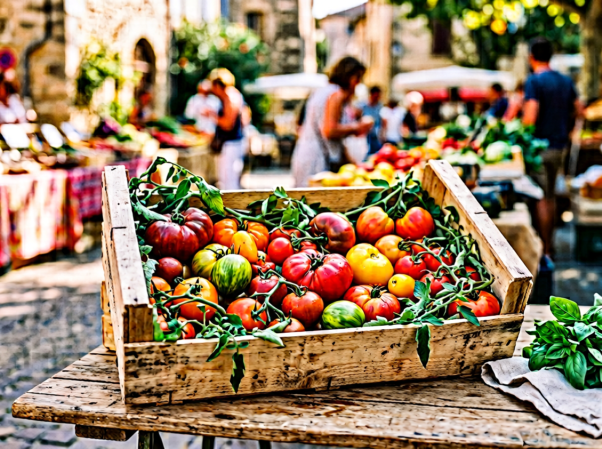 Sonnengereifte bunte Paradeiser und Ochsenherztomaten auf einer Holzsteige am Wiener Bauernmarkt
