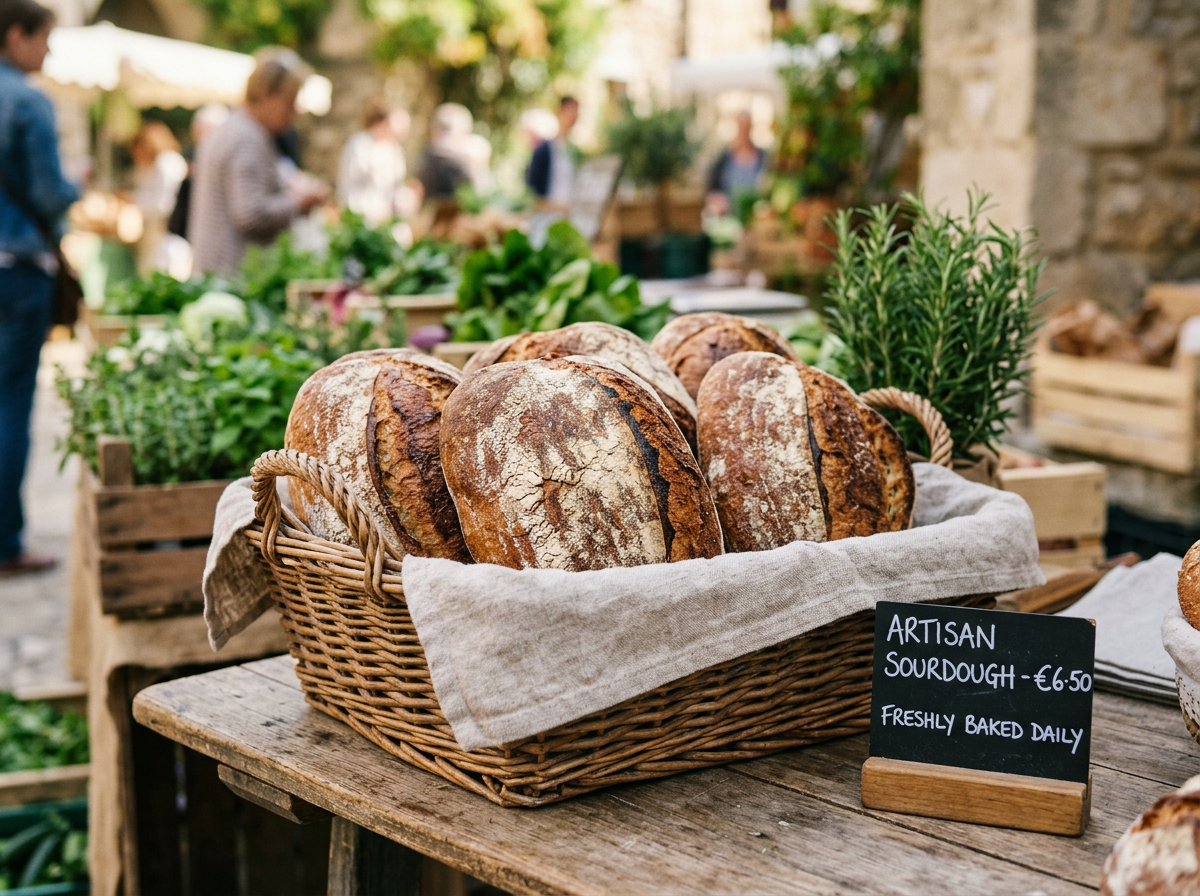 Knusprige frische Sauerteigbrote und Ciabatta in rustikalen Weidenkörben bei einem Wiener Bäckereistand