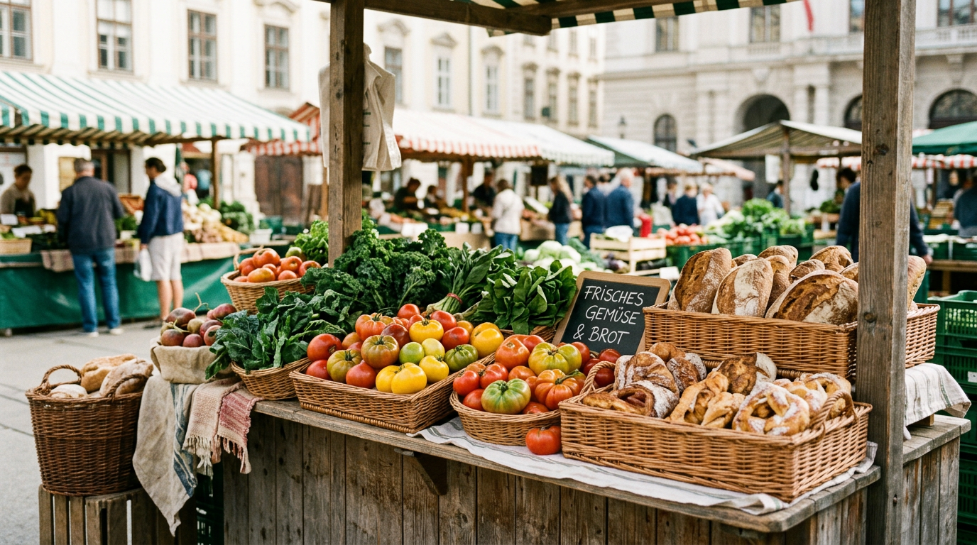 Lebendiges Treiben an den rustikalen Ständen eines Wiener Bauernmarkts bei Morgensonne