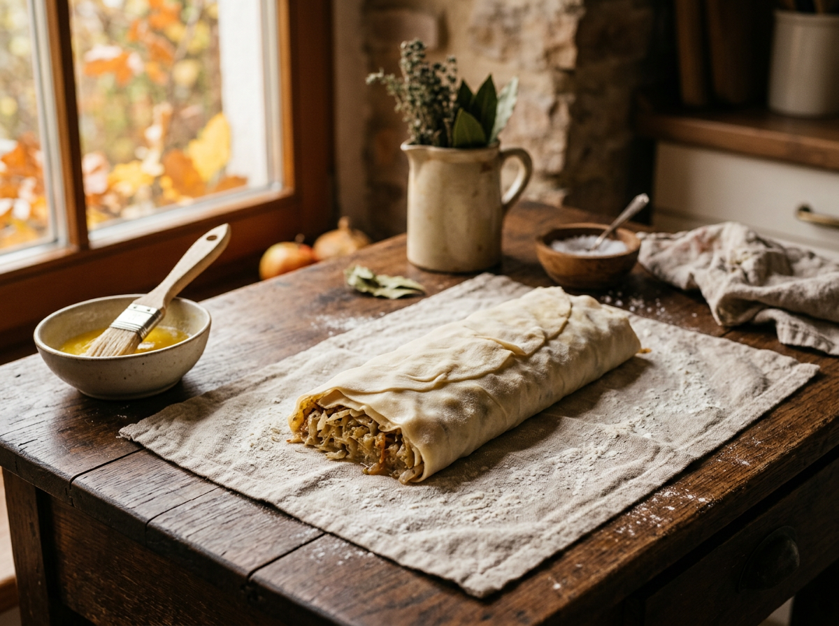 Gezogener Strudelteig auf dem Küchentuch dünn belegt und vorsichtig eingerollt
